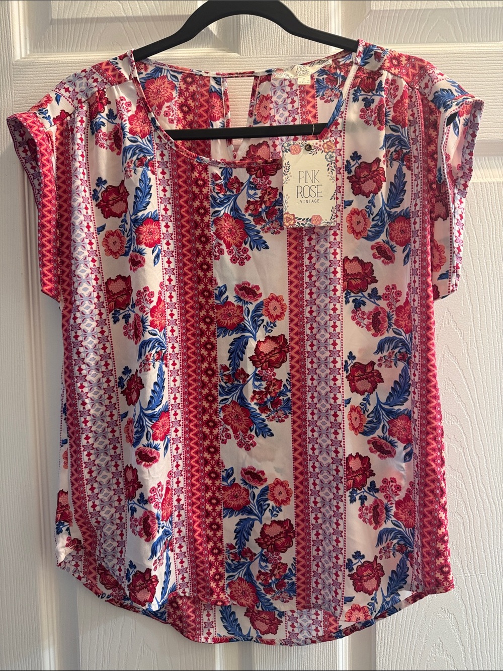 Pink Rose Red, Blue & White Floral Stripe Blouse